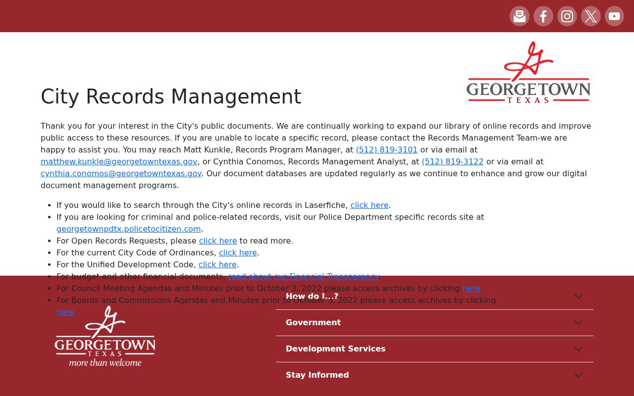 Georgetown official records-management page for police arrest records