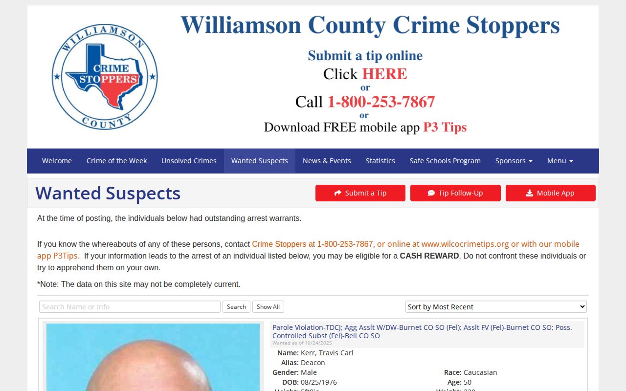 Williamson County Crime Stoppers wanted-suspects source page